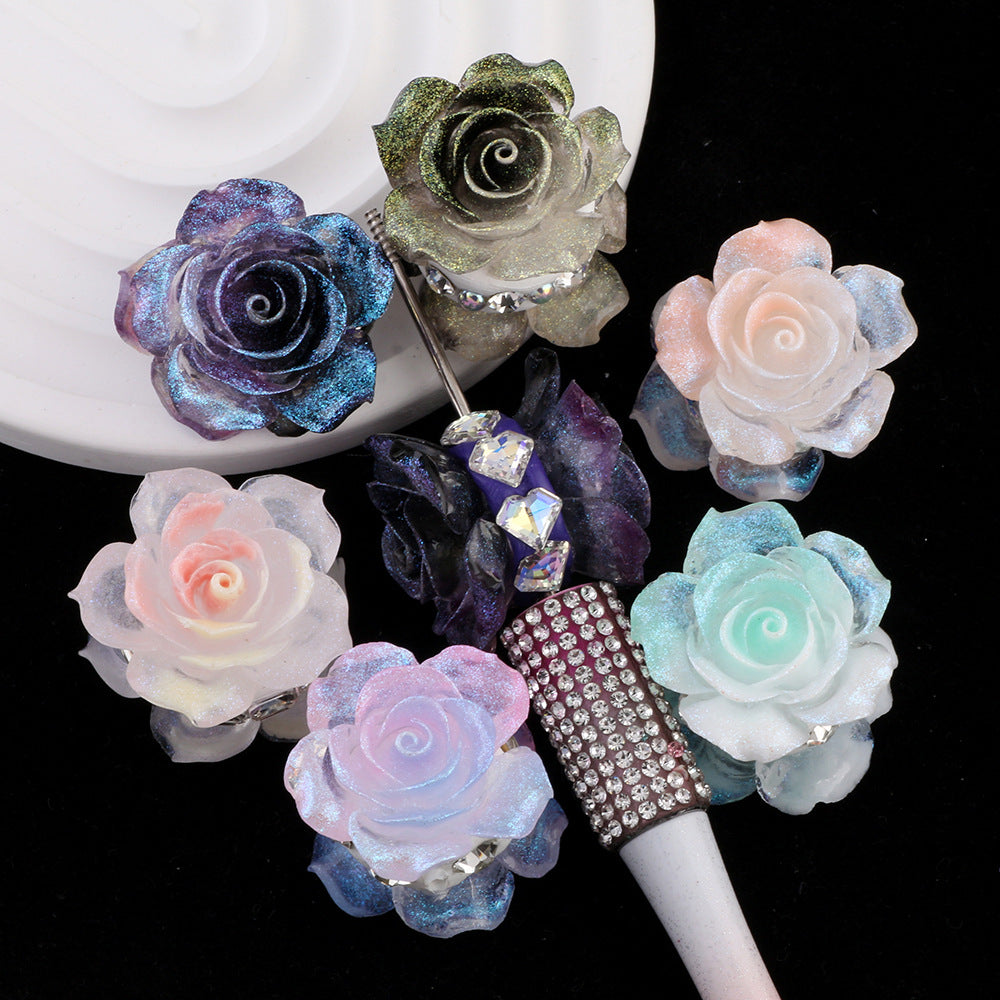 Decorative Sparkling Pink Rose Colorful Gradient Camellia Diamond Ball Straight Hole Beads DIY Phone Chain Keychain Bag Chain