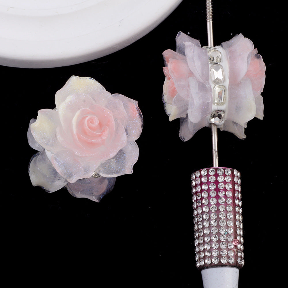 Decorative Sparkling Pink Rose Colorful Gradient Camellia Diamond Ball Straight Hole Beads DIY Phone Chain Keychain Bag Chain
