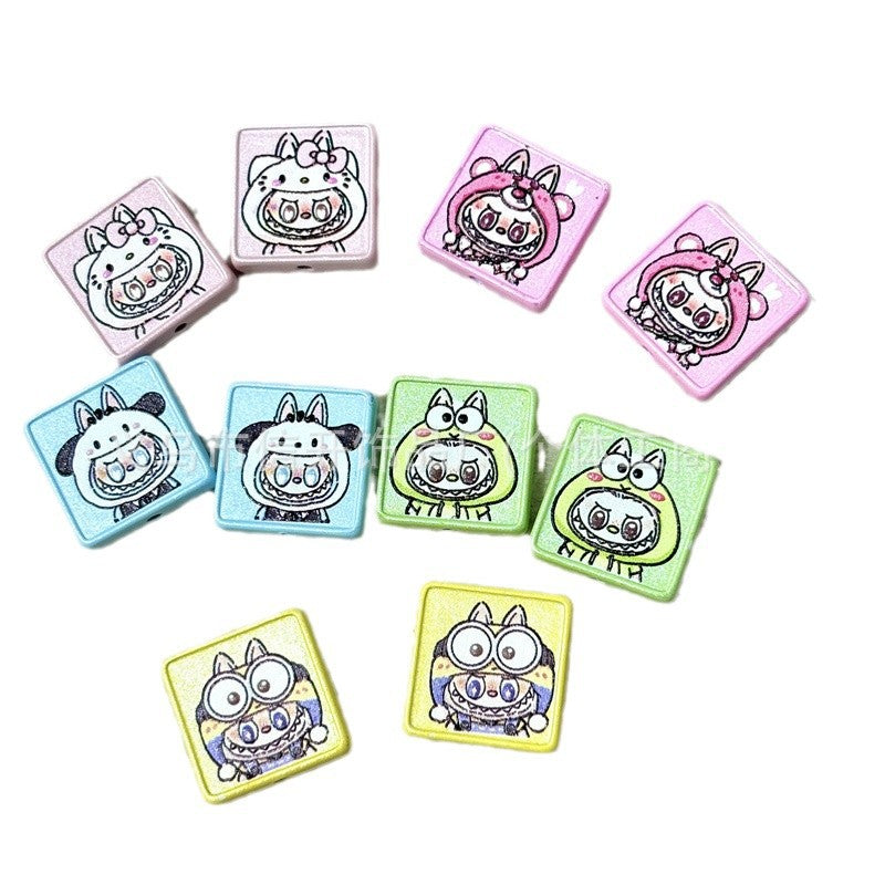 Vertical hole alloy cartoon cloth square piece through-hole bead accessories mobile phone keychain DIY handmade loose bead material